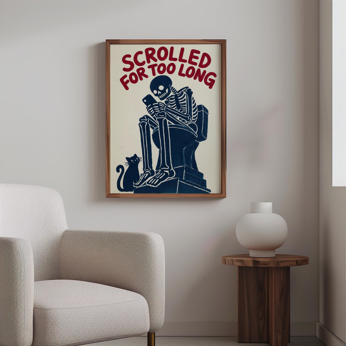 Scrolled For Too Long Wall Art, Funny Toilet Decor, Skeleton Reading Phone Print, Gothic Bathroom Poster, Dark Humor Cat Lover Gift