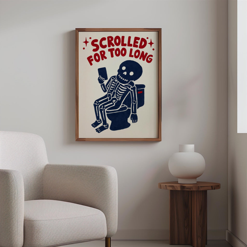 Funny skeleton bathroom art above a cozy chair, goth bathroom decor vibe with cream background and playful macabre style