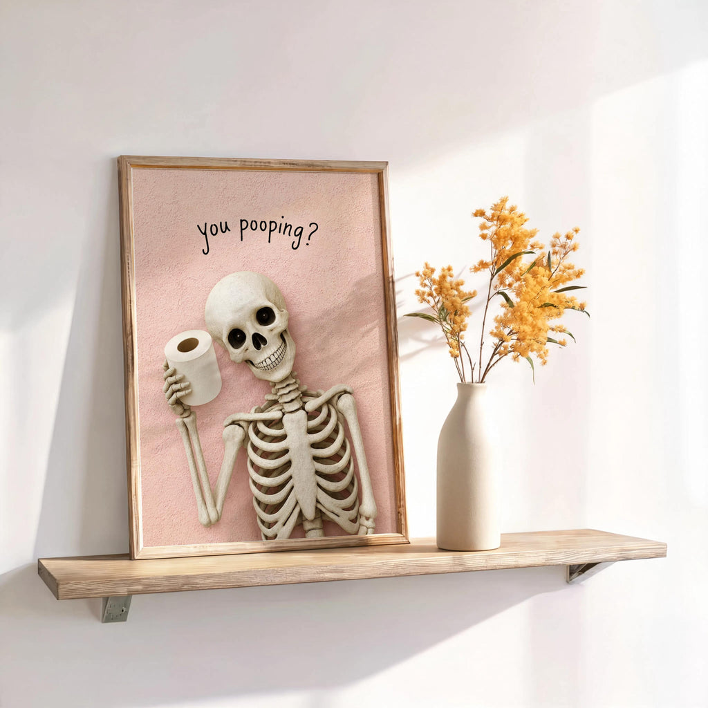 Funny Skeleton Bathroom Art, "You pooping?" Spooky Toilet Decor, Halloween Wall Print, Dark Humor Home Accent, Quirky Skull Illustration