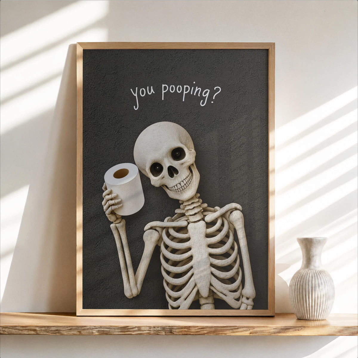 Funny Skeleton Bathroom Art, "You pooping?" Spooky Toilet Decor, Halloween Wall Print, Dark Humor Home Accent, Quirky Skull Illustration