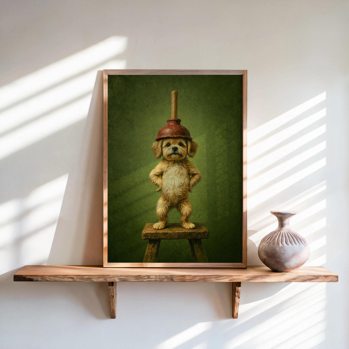 Puppy With Red Plunger Print, Funny Dog Bathroom Wall Art, Cute Restroom Decor, Vintage Whimsical Animal Toilet Loo Powder Room Poster