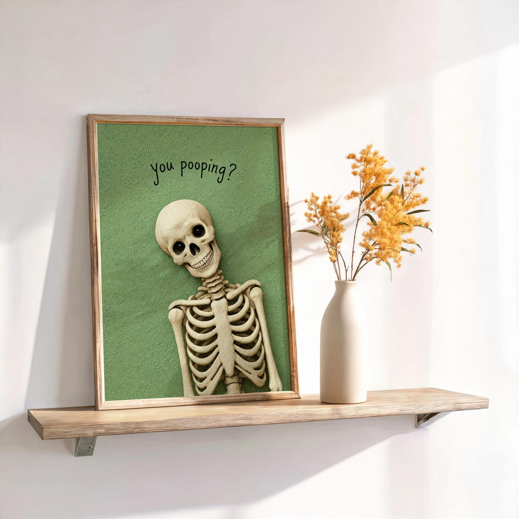 Are you poopinng Skeleton Toilet Humor Print, Funny Skull Bathroom Wall Art, Spooky Restroom Decor, Quirky Halloween Accent, Goth Home Gift