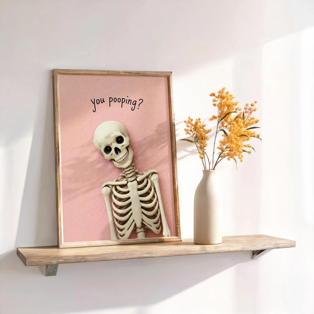 Are you poopinng Skeleton Toilet Humor Print, Funny Skull Bathroom Wall Art, Spooky Restroom Decor, Quirky Halloween Accent, Goth Home Gift