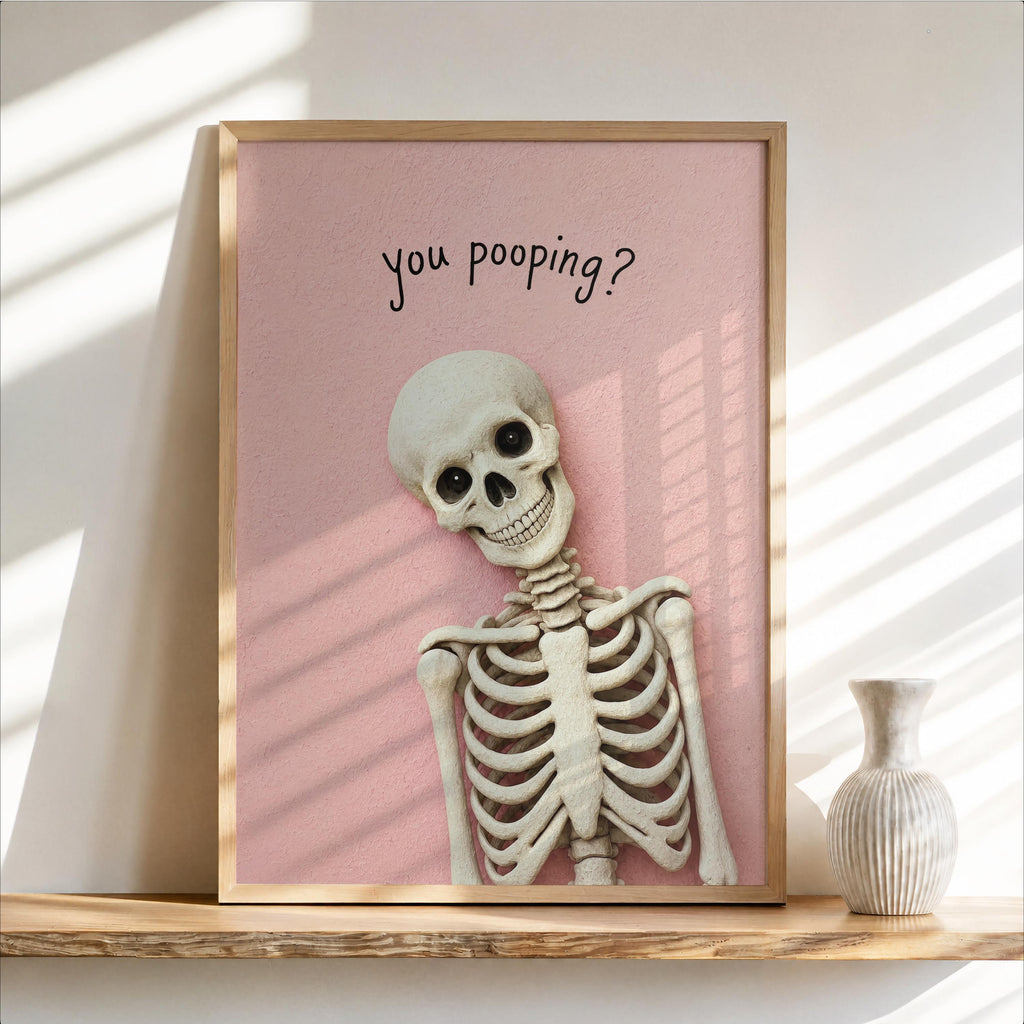 Are you poopinng Skeleton Toilet Humor Print, Funny Skull Bathroom Wall Art, Spooky Restroom Decor, Quirky Halloween Accent, Goth Home Gift