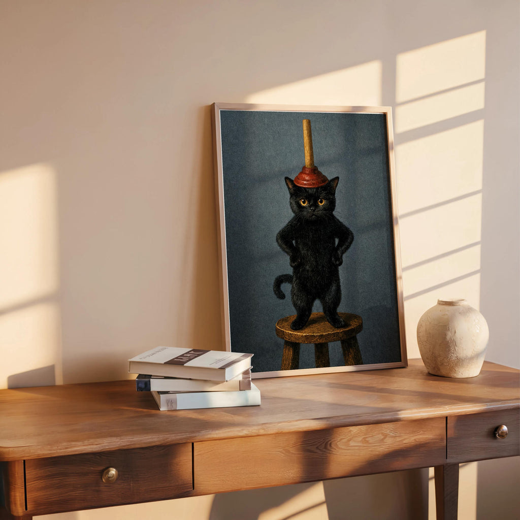 Leaning funny black cat bathroom art print on wood desk, deep blue background, eclectic quirky bathroom wall decor