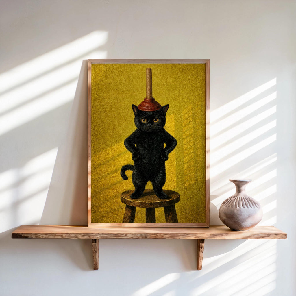 Framed funny black cat bathroom art, mustard yellow backdrop, black cat on stool with plunger, playful toilet humor