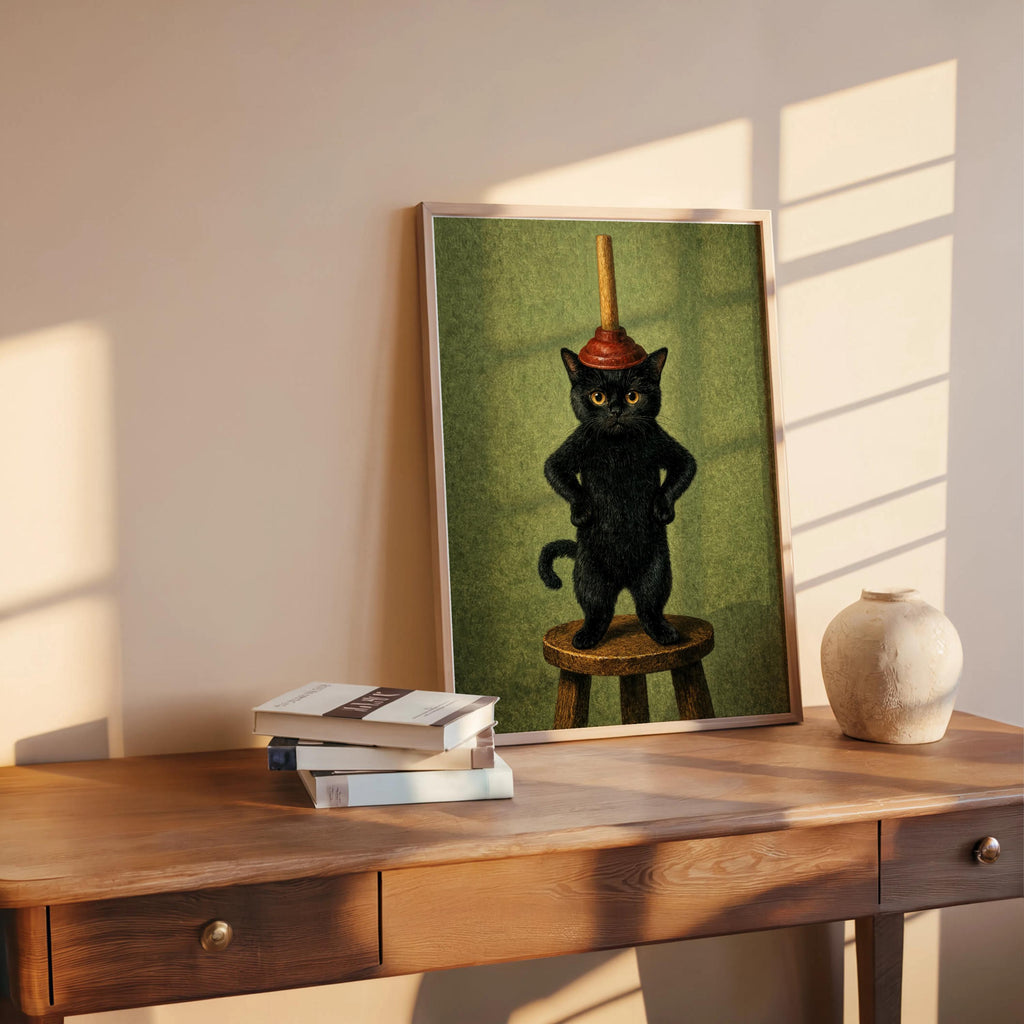 Leaning funny black cat bathroom art print, green backdrop, styled on wooden table with small ceramic vase