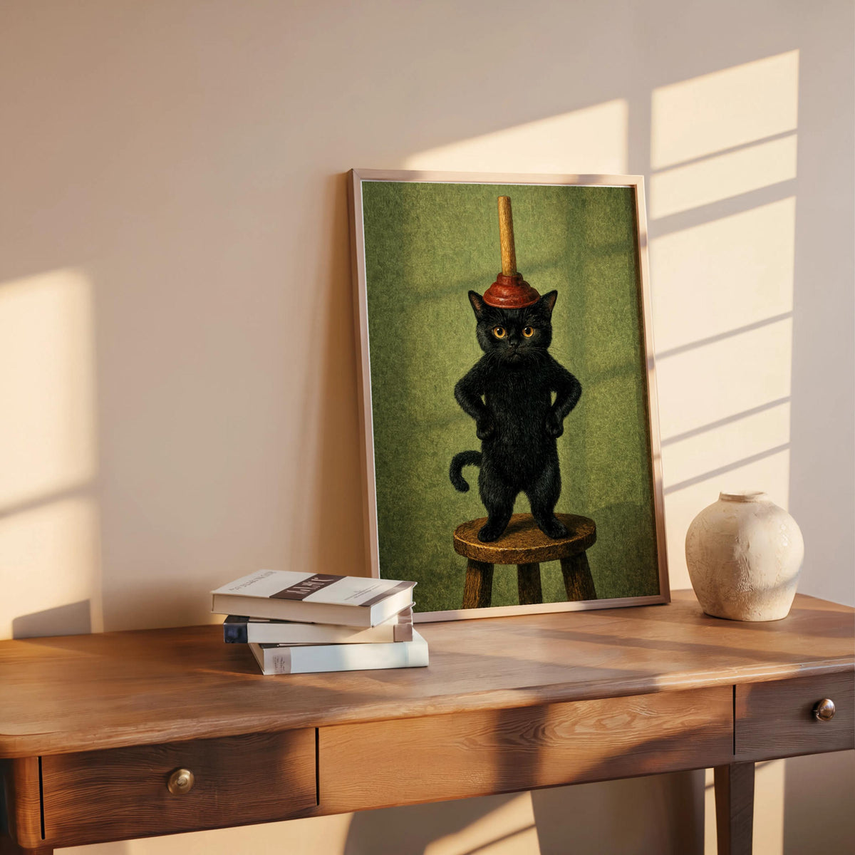 Leaning funny black cat bathroom art print, green backdrop, styled on wooden table with small ceramic vase