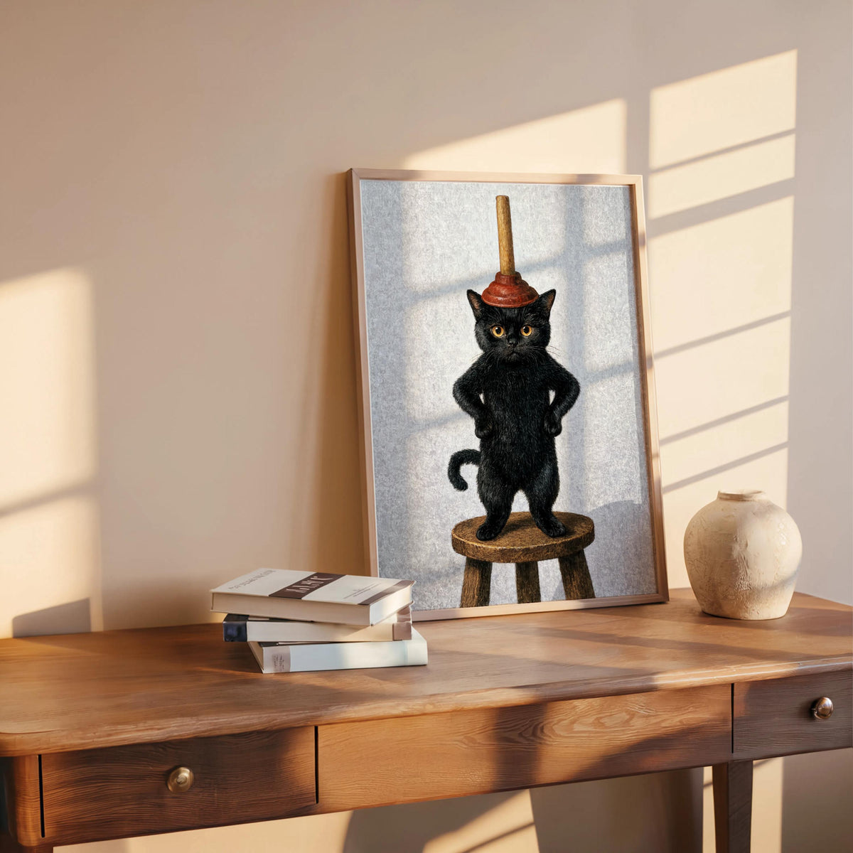 Leaning funny black cat bathroom art print, light gray background, subtle shadow, absurd cat print for eccentric decor