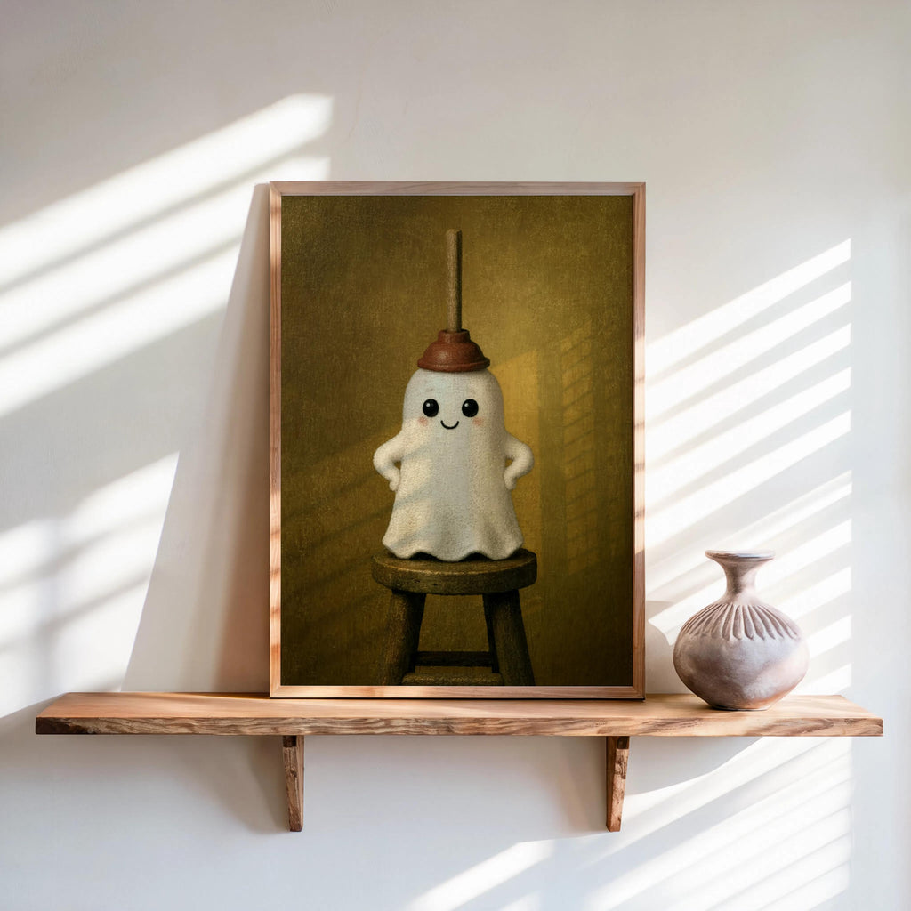 Ochre toned framed funny bathroom wall art, quirky ghost bathroom print on rustic shelf with vase