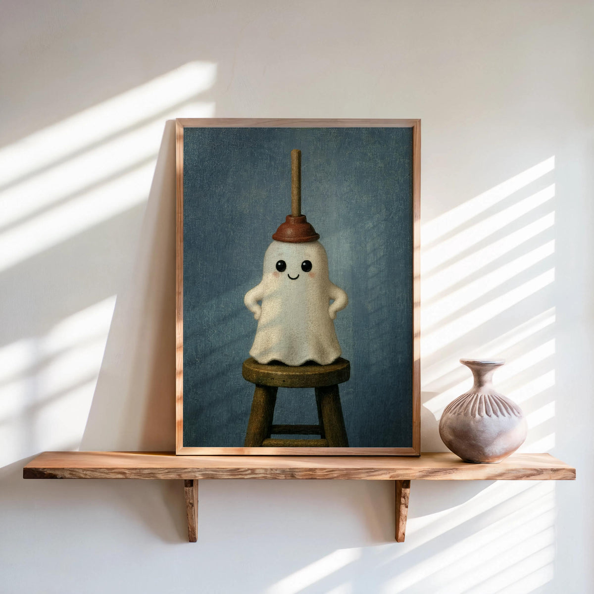 Blue moody framed funny bathroom wall art, whimsical ghost with plunger hat, sunlight stripes on wall