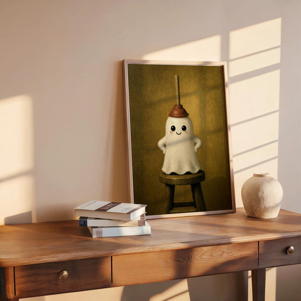 Leaning quirky bathroom print, green ghost on stool with plunger, styled on wooden console with books