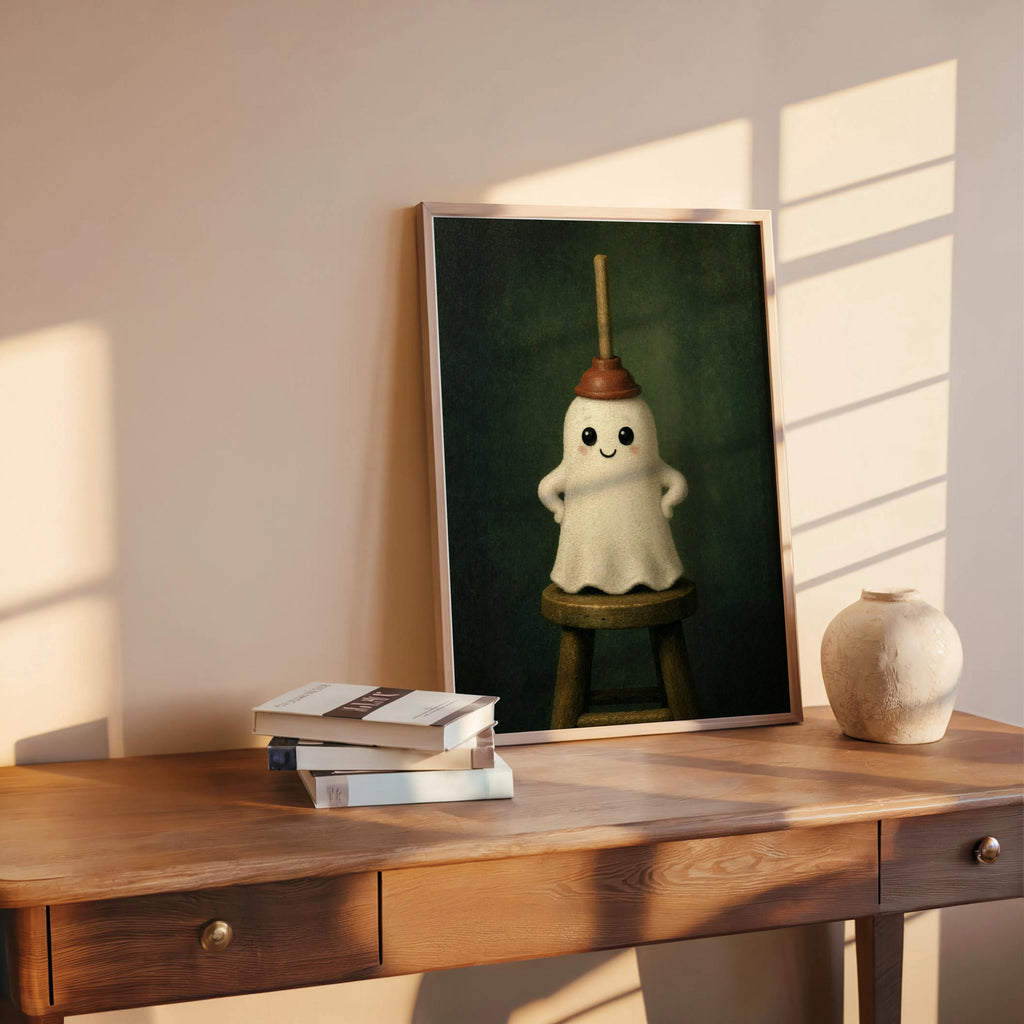 Deep green quirky bathroom print propped on wooden table, adorable ghost bathroom art, moody lighting