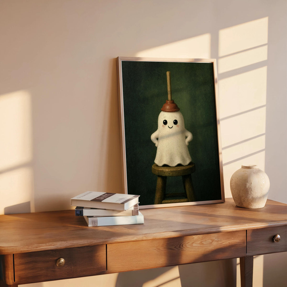 Deep green quirky bathroom print propped on wooden table, adorable ghost bathroom art, moody lighting