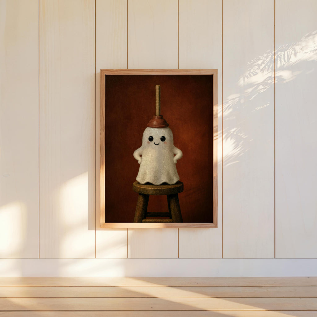 Rust colored funny toilet art print displayed on white wall, quirky bathroom print with vintage texture