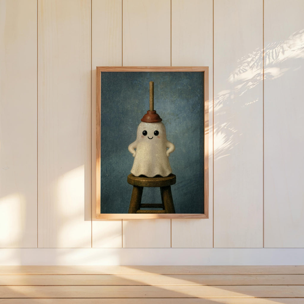 Centered blue ghost bathroom art, unframed print hung on white paneling, whimsical restroom wall art vibe