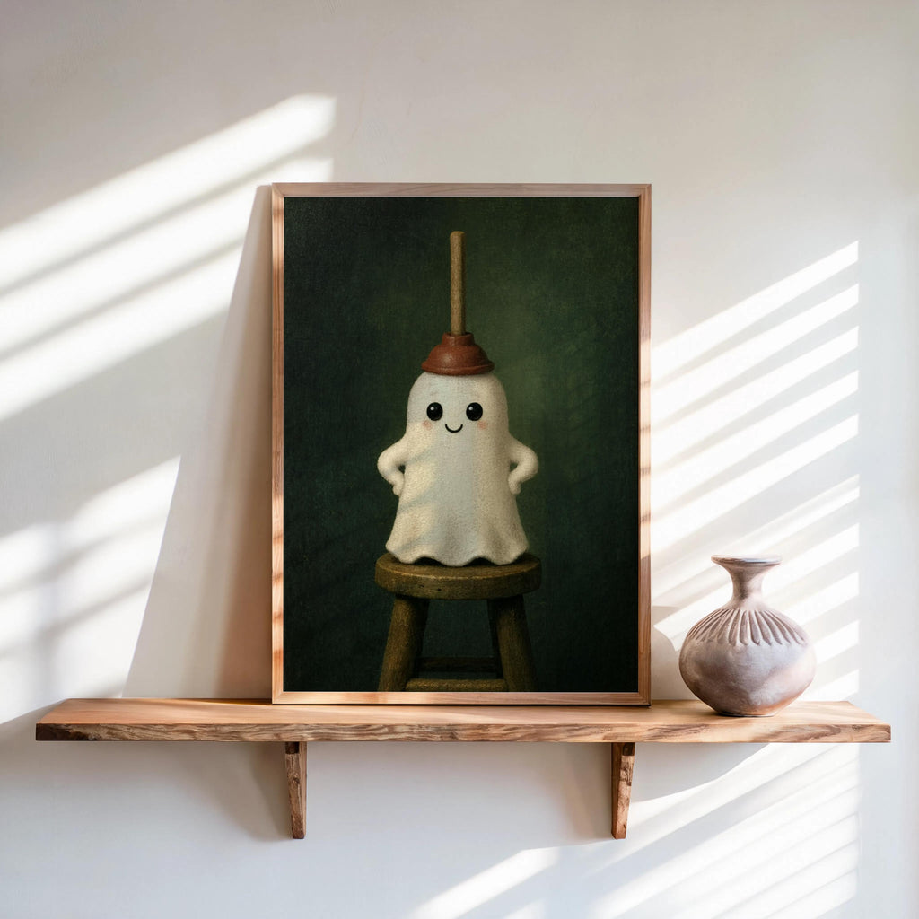Framed funny bathroom wall art, playful ghost on a stool with plunger, dark green textured background on shelf