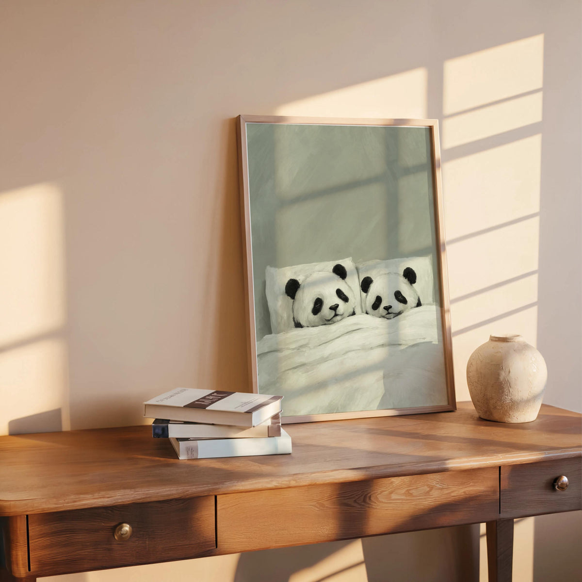 Sage sleeping panda wall art leaning on a rustic desk, warm light from window, panda couple print for cozy decor