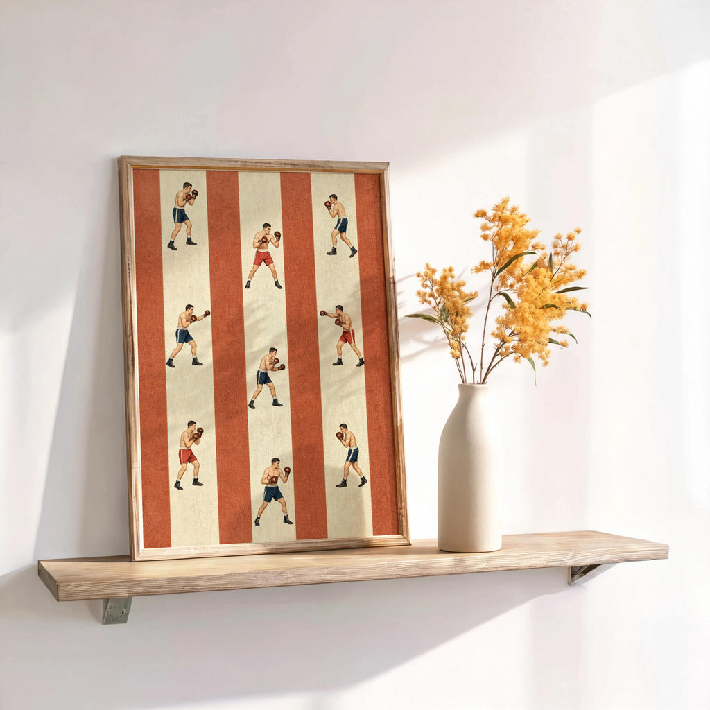 Rust-striped retro boxing poster displayed on a shelf with dried flowers, warm tones, old school boxing art energy