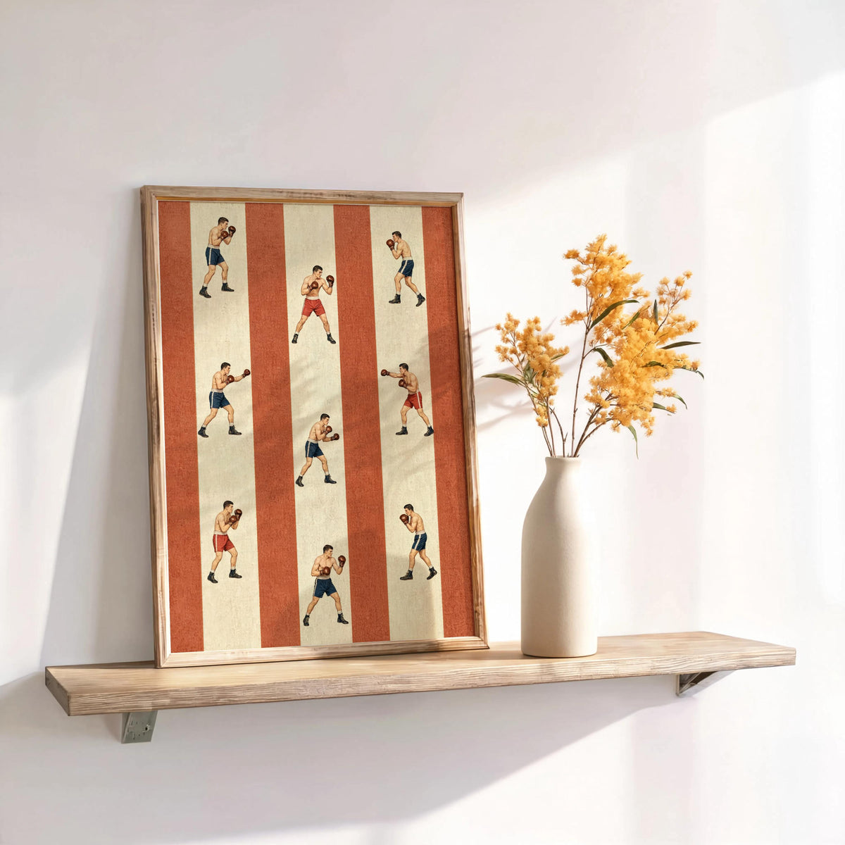 Rust-striped retro boxing poster displayed on a shelf with dried flowers, warm tones, old school boxing art energy