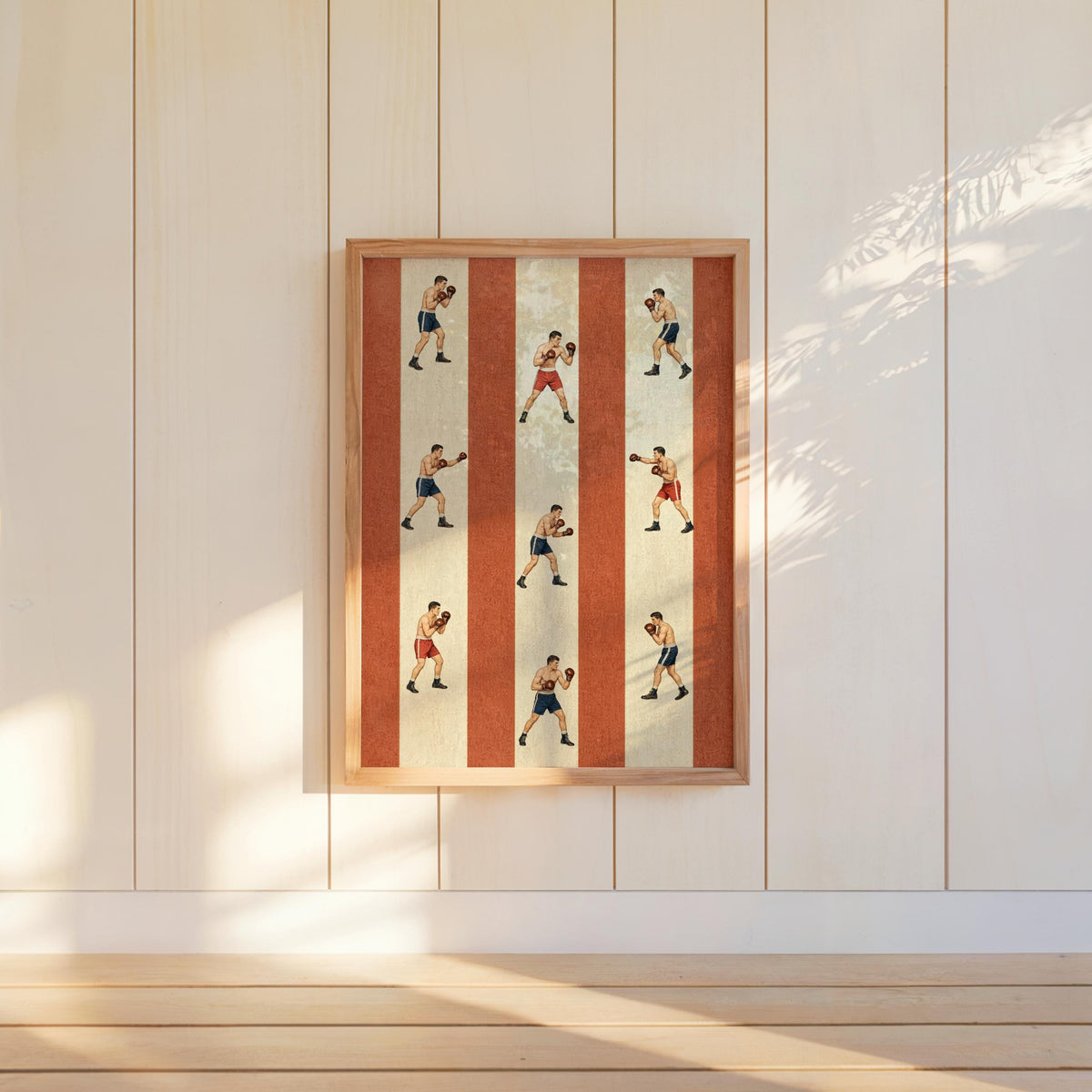 Rust-orange vintage boxing wall art hung on beadboard, centered vertical stripes highlight repeated fighter motifs