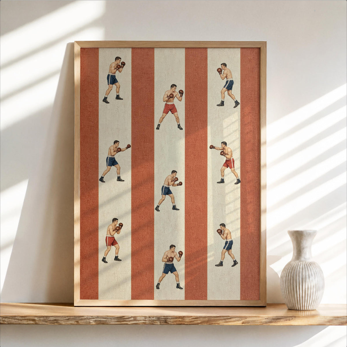 Rust-orange striped vintage boxing wall art leaning on shelf, retro boxer poster vibe with repeating fighters