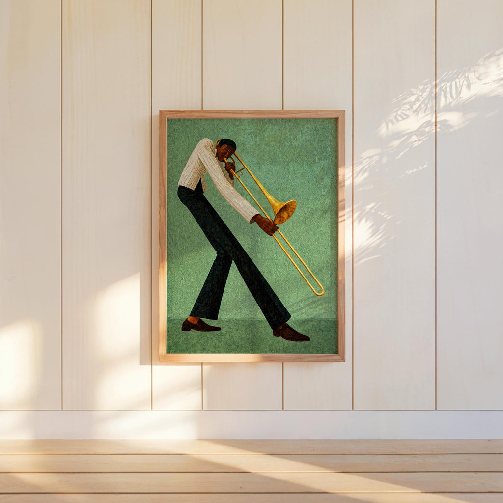 Jazz trombone wall art, mint green framed poster centered on wall, vintage jazz musician print.