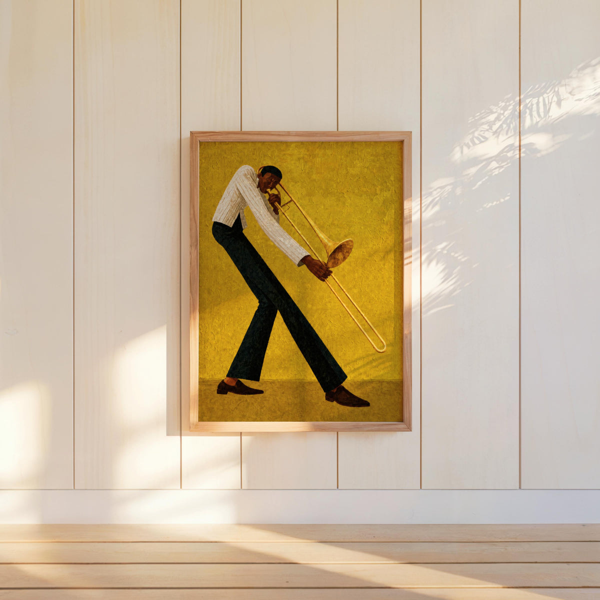 Jazz trombone wall art, ochre yellow framed poster centered on wall, thoughtful gift for jazz lovers.
