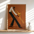 Jazz trombone wall art, rust brown background, elongated trombone player, textured vintage poster.