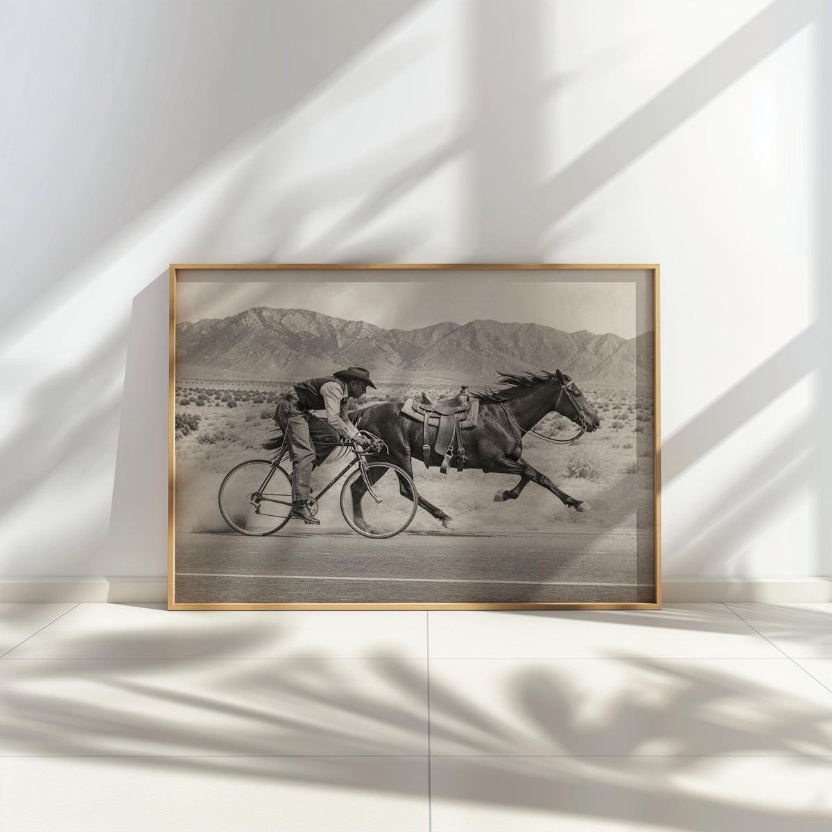 Cowboy on Bike VS Horse Racing Wall Art, Funny Vintage Western Print, Rustic Americana Decor, Cycling Gift for Cyclist, Old West Poster