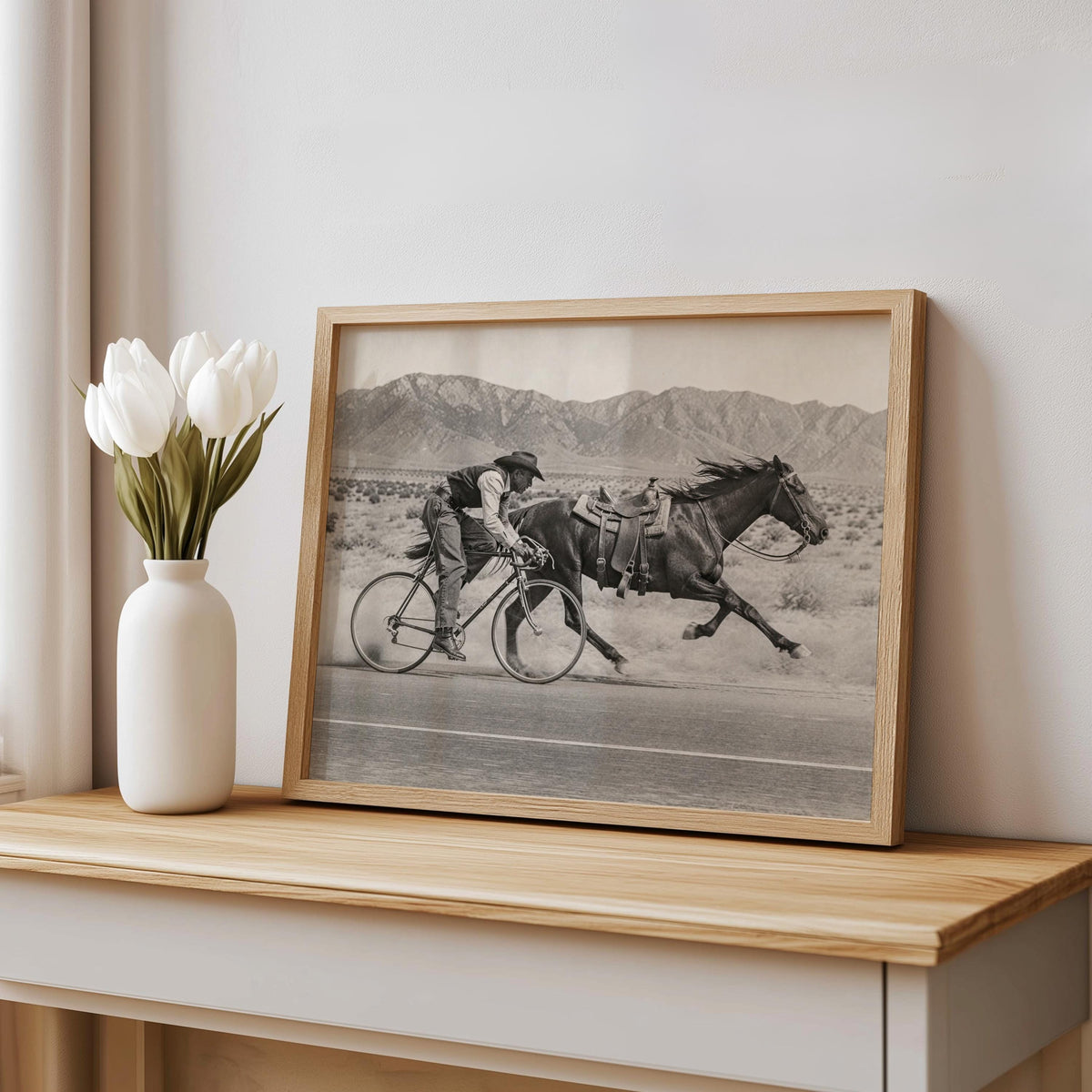 Cowboy on Bike VS Horse Racing Wall Art, Funny Vintage Western Print, Rustic Americana Decor, Cycling Gift for Cyclist, Old West Poster