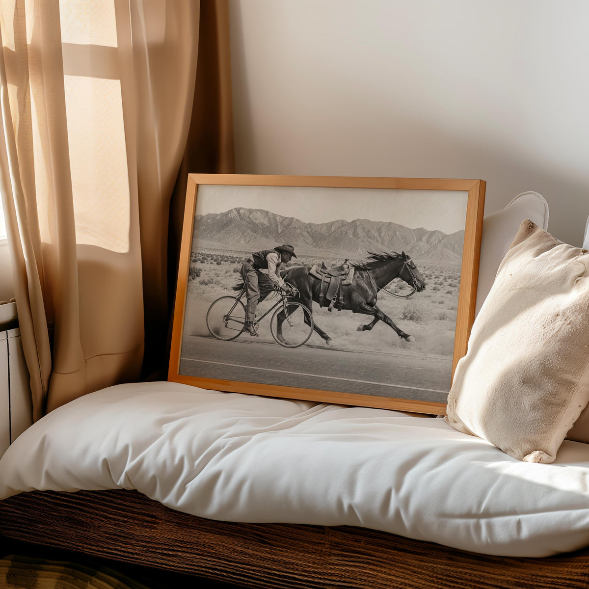 Cowboy on Bike VS Horse Racing Wall Art, Funny Vintage Western Print, Rustic Americana Decor, Cycling Gift for Cyclist, Old West Poster