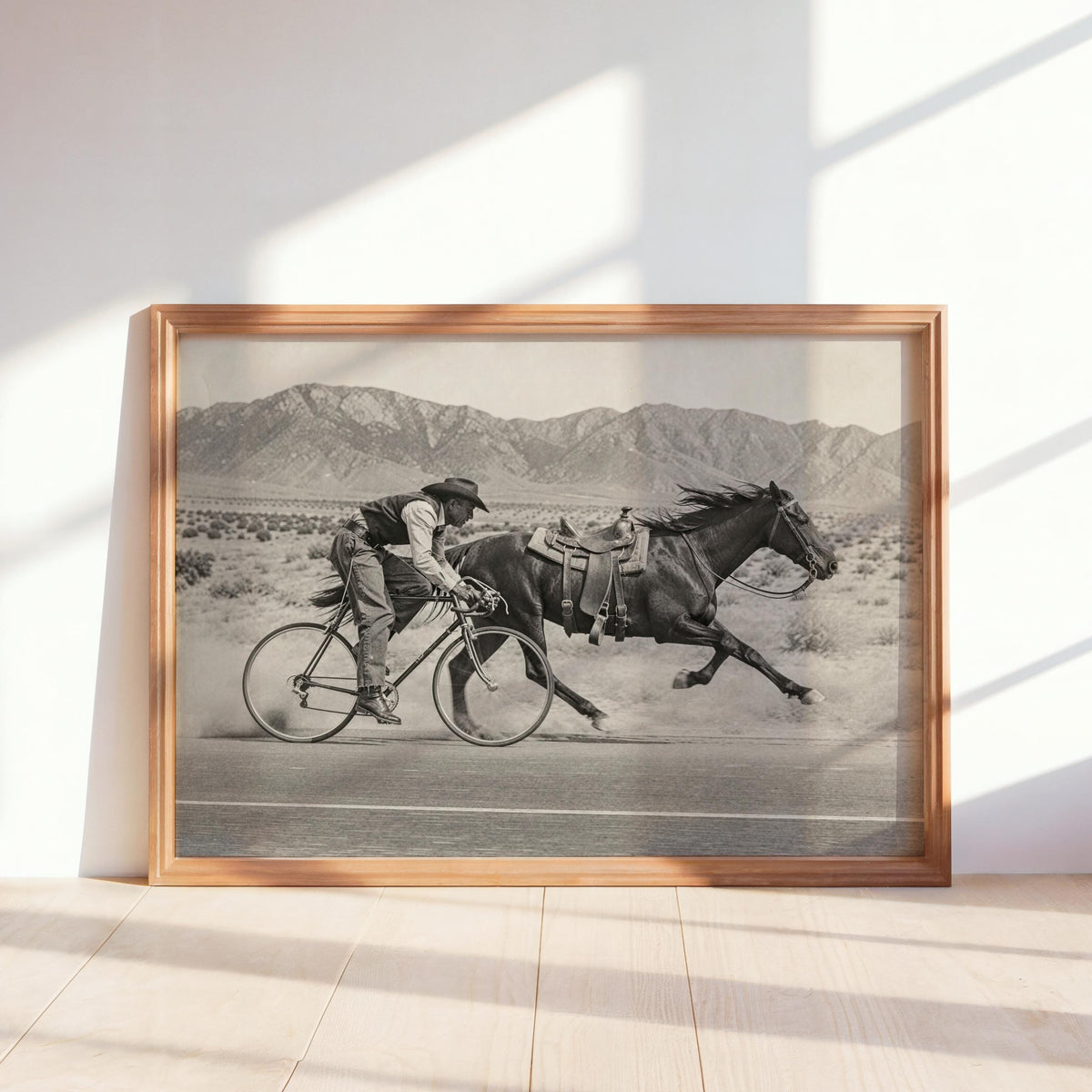 Cowboy on Bike VS Horse Racing Wall Art, Funny Vintage Western Print, Rustic Americana Decor, Cycling Gift for Cyclist, Old West Poster