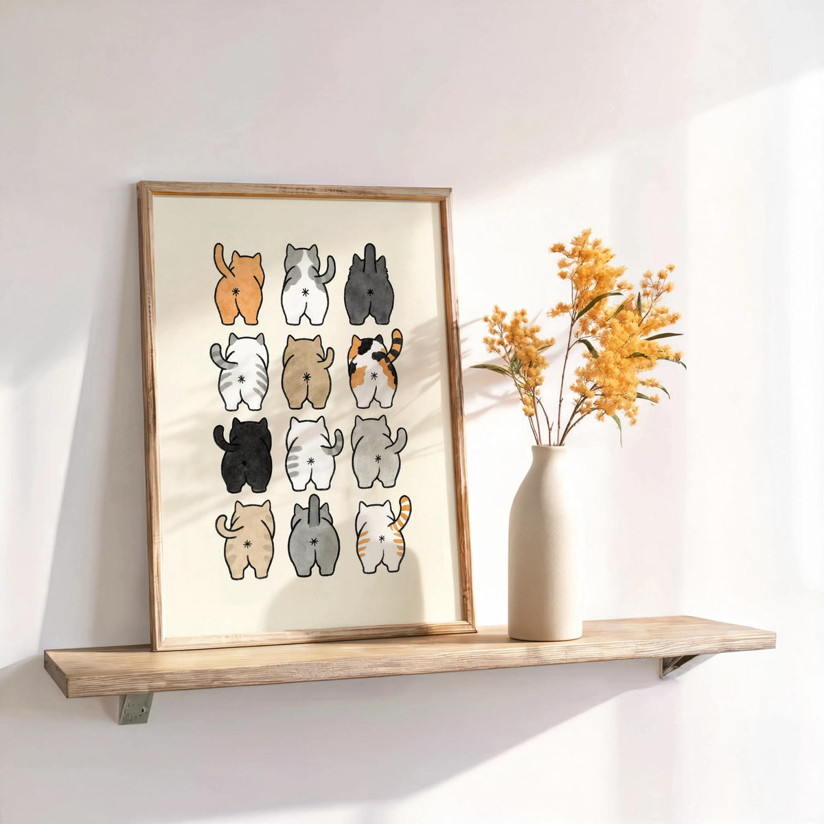 Framed print on a floating shelf beside a vase, playful orange tabby and calico cat butts, cat butt bathroom decor