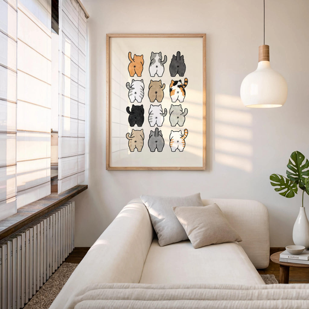 Framed print above a cozy sofa in a Scandinavian living room, whimsical cat butt art that doubles as quirky restroom wall art