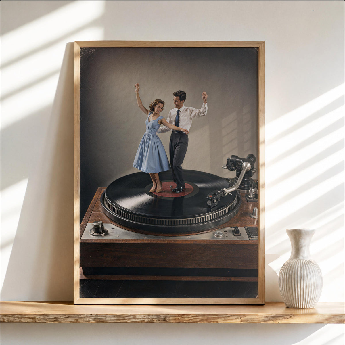 Framed color record player wall art, muted blue dress on dancing couple, vintage turntable print