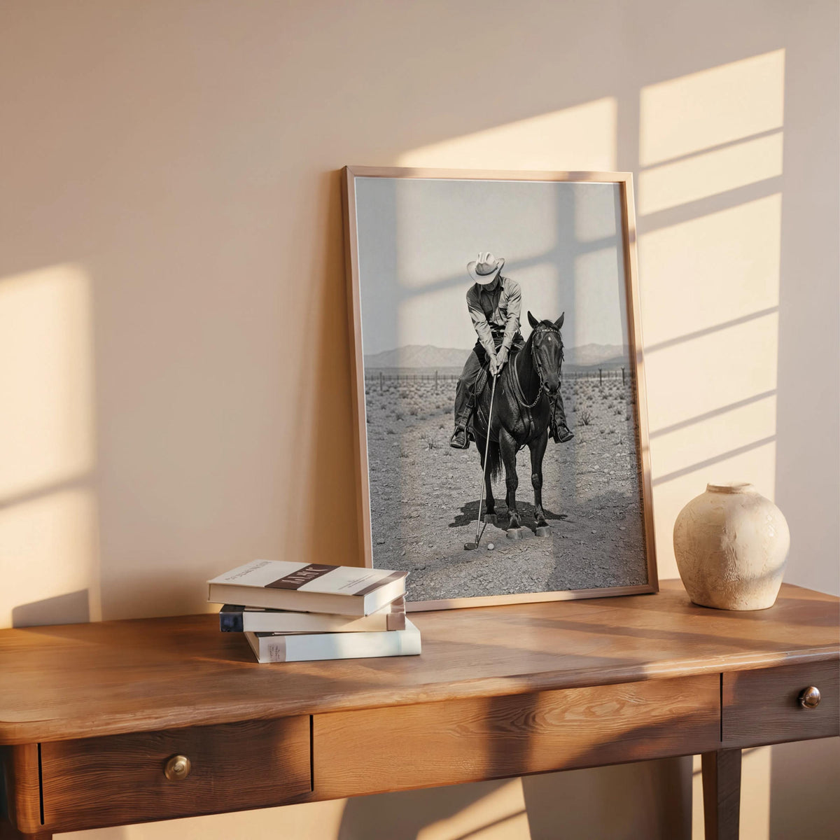 Cowboy Golf Art, Vintage Horse Rider Photography, Western Wall Poster, Equestrian Ranch Decor, Funny Black & White Golfer Gift, Funny Photo