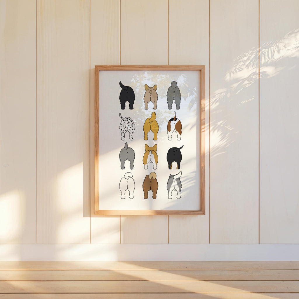 Slim pale wood panel with sunbeam on a centered framed dog butt grid, bright toilet art print for playful bathrooms