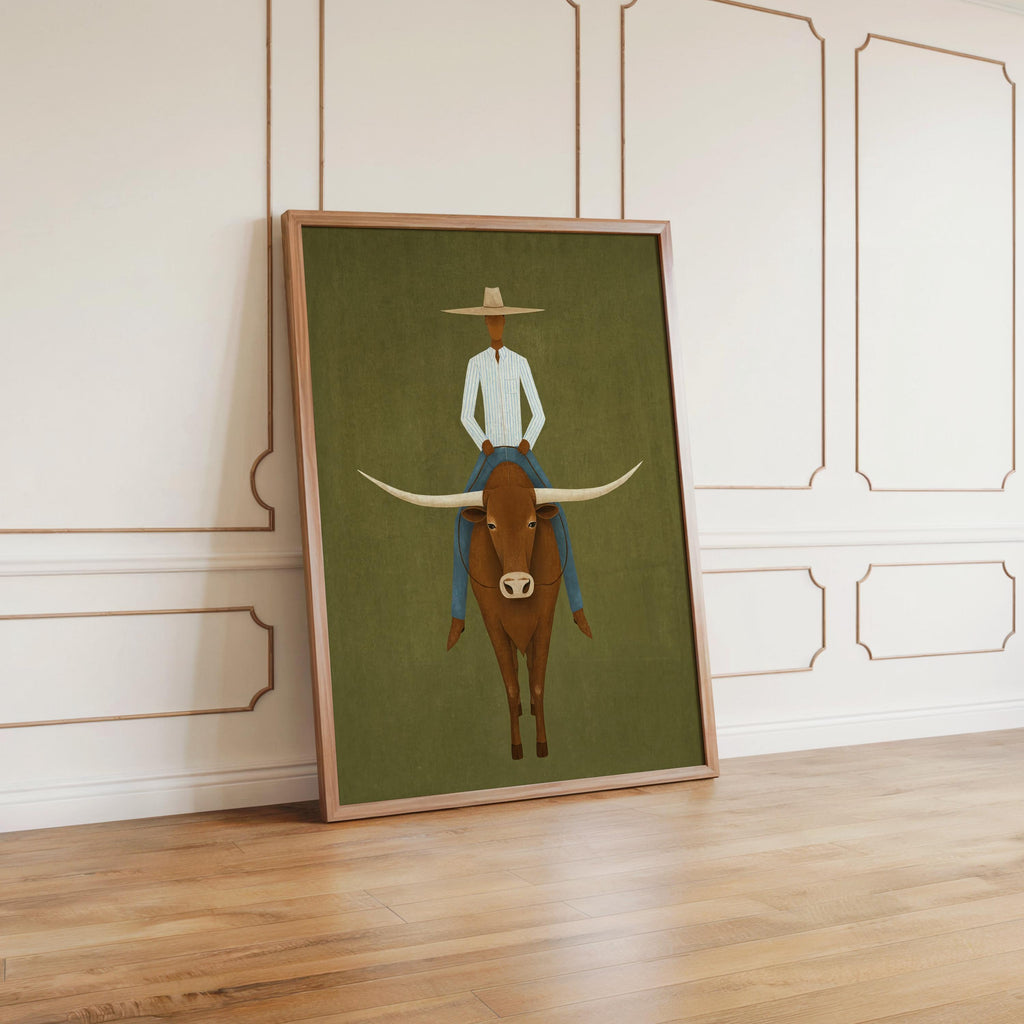 Minimalist Cowboy Painting, Abstract Longhorn Bull Wall Art, Modern Southwestern Decor, Surrealist Texas Ranch Poster, Western Rodeo Gift