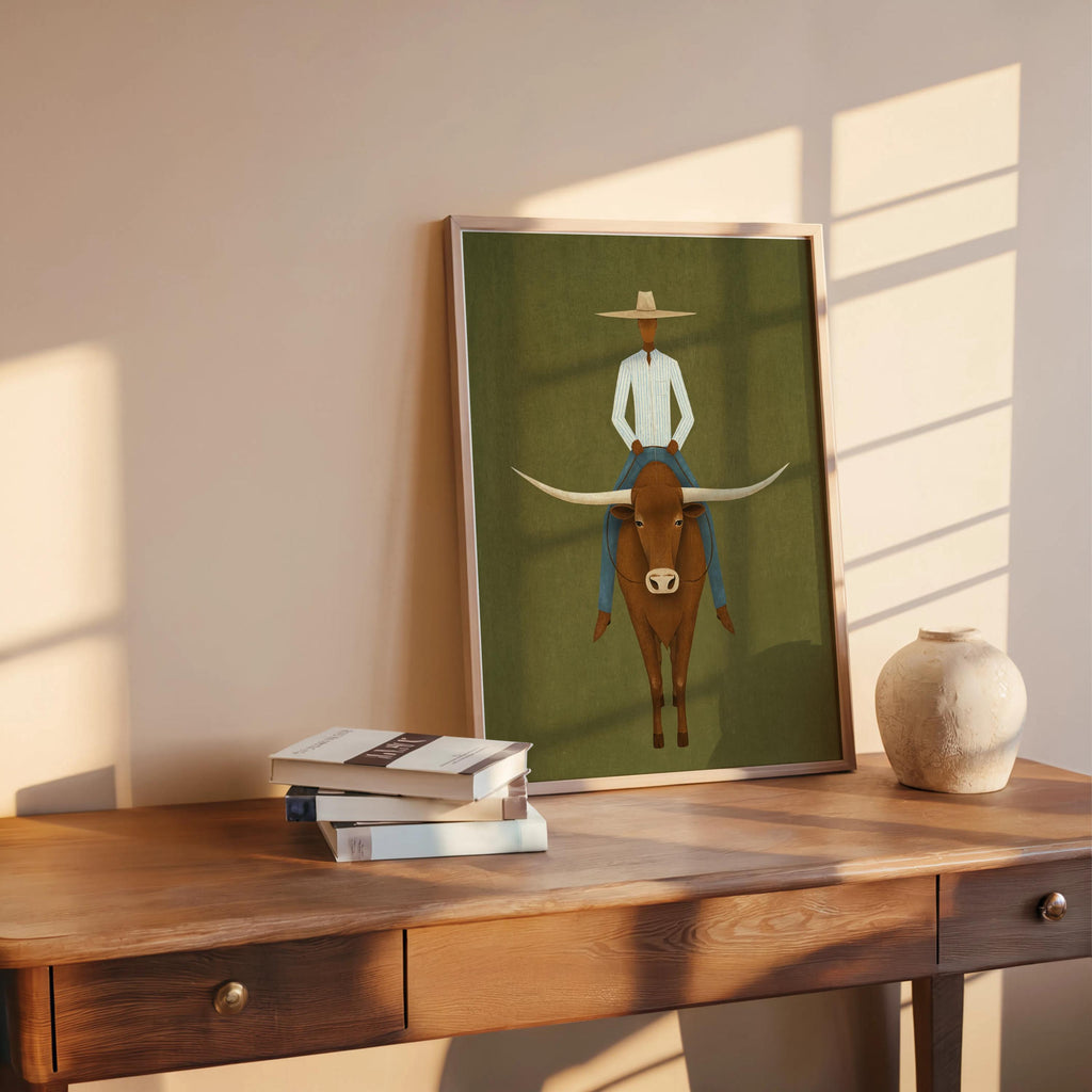 Minimalist Cowboy Painting, Abstract Longhorn Bull Wall Art, Modern Southwestern Decor, Surrealist Texas Ranch Poster, Western Rodeo Gift