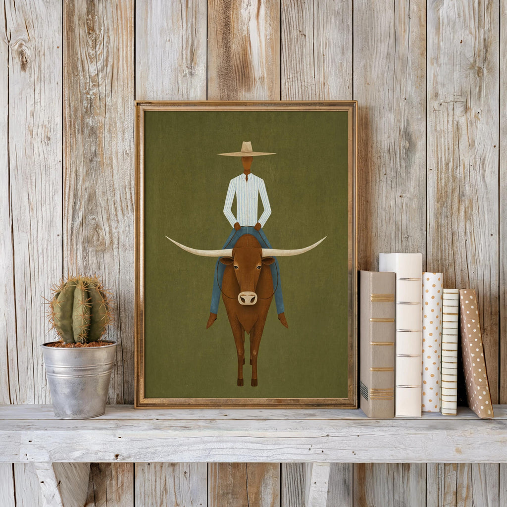 Minimalist Cowboy Painting, Abstract Longhorn Bull Wall Art, Modern Southwestern Decor, Surrealist Texas Ranch Poster, Western Rodeo Gift