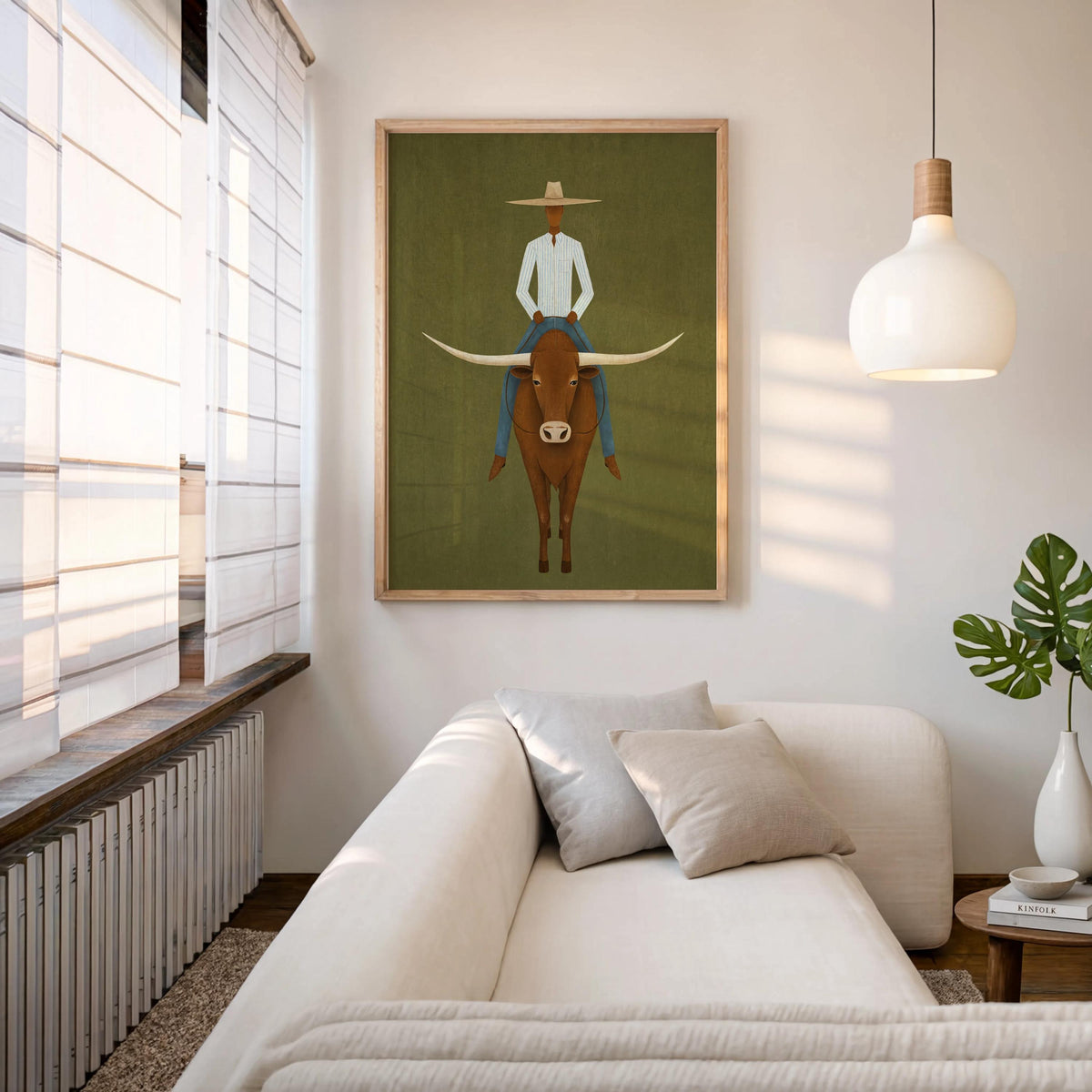 Minimalist Cowboy Painting, Abstract Longhorn Bull Wall Art, Modern Southwestern Decor, Surrealist Texas Ranch Poster, Western Rodeo Gift