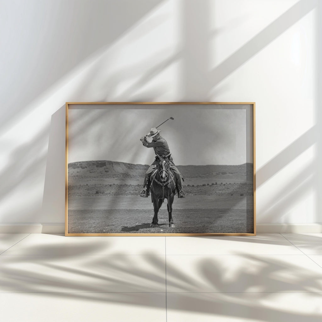 Western Golfer Poster, Cowboy Riding Horse With Golf Club, Retro Black and White Photography, Old West Golf Lover Gift, Funny Photography
