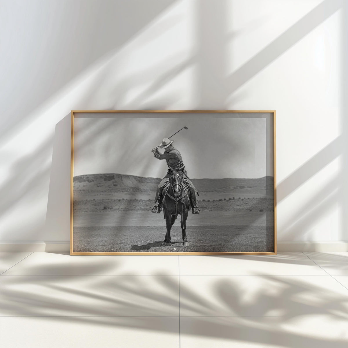 Western Golfer Poster, Cowboy Riding Horse With Golf Club, Retro Black and White Photography, Old West Golf Lover Gift, Funny Photography