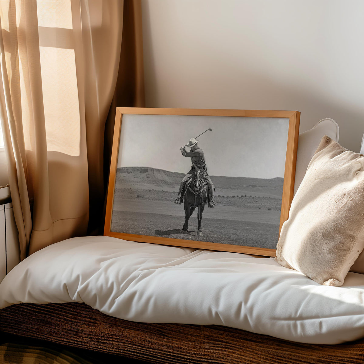 Western Golfer Poster, Cowboy Riding Horse With Golf Club, Retro Black and White Photography, Old West Golf Lover Gift, Funny Photography