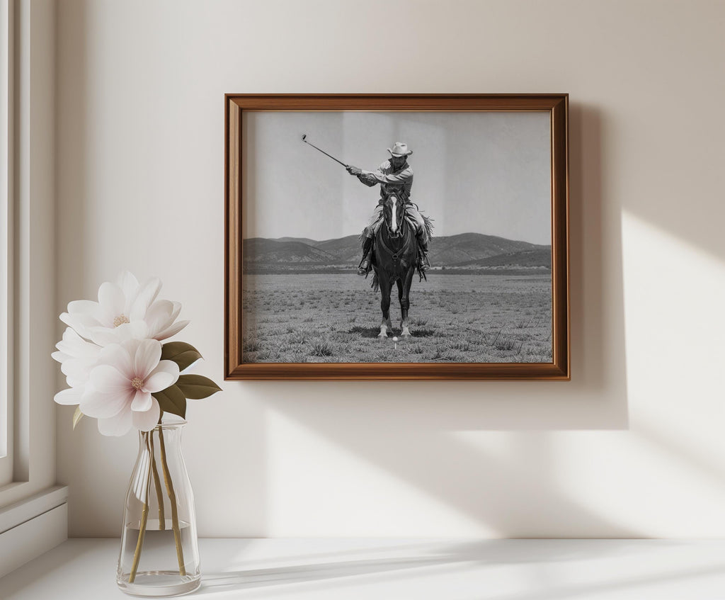 Cowboy Playing Golf Wall Art, Vintage Western Print, Black and White Horse Poster, Funny Golf Decor, Rustic Man Cave Photography