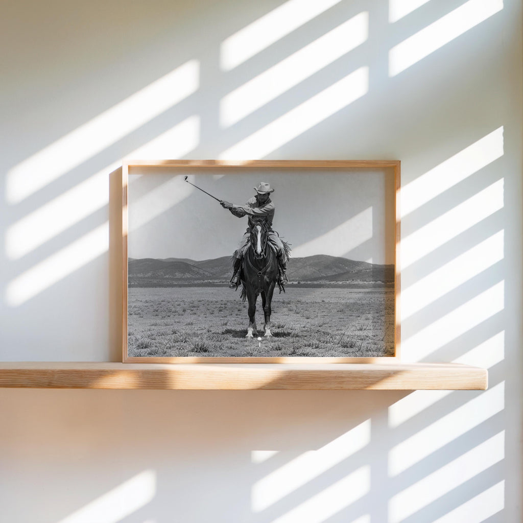 Cowboy Playing Golf Wall Art, Vintage Western Print, Black and White Horse Poster, Funny Golf Decor, Rustic Man Cave Photography