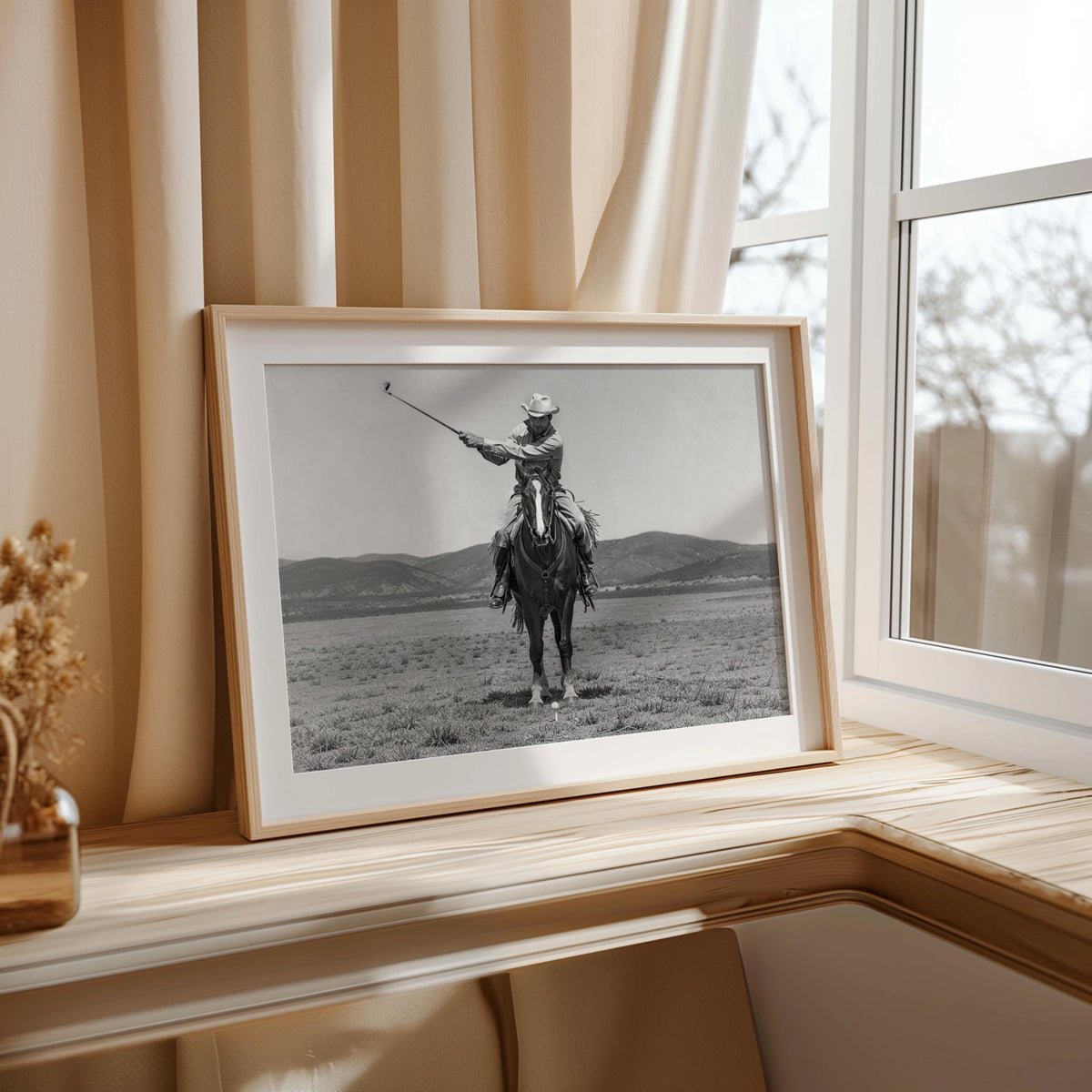 Cowboy Playing Golf Wall Art, Vintage Western Print, Black and White Horse Poster, Funny Golf Decor, Rustic Man Cave Photography