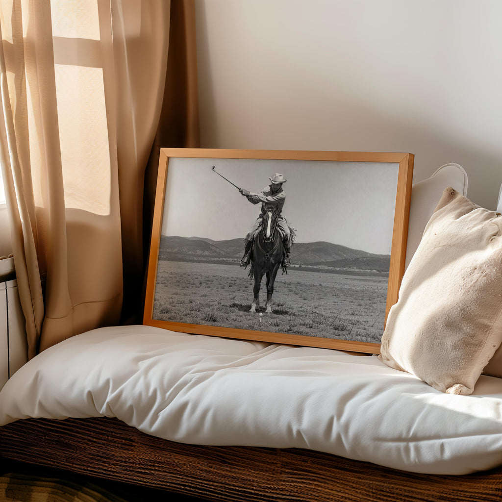 Cowboy Playing Golf Wall Art, Vintage Western Print, Black and White Horse Poster, Funny Golf Decor, Rustic Man Cave Photography