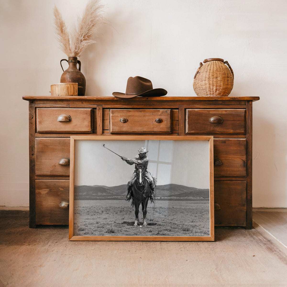 Cowboy Playing Golf Wall Art, Vintage Western Print, Black and White Horse Poster, Funny Golf Decor, Rustic Man Cave Photography